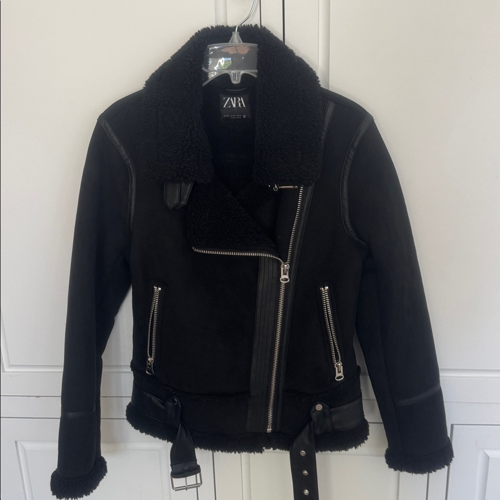 Zara Black Shearling Biker Jacket